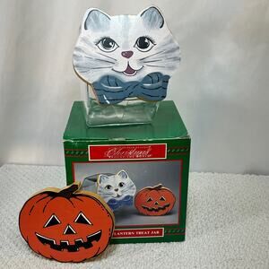 VTG Halloween Jack O' Lantern Treat Jar House of Lloyd Clear Glass Extra Cat Lid